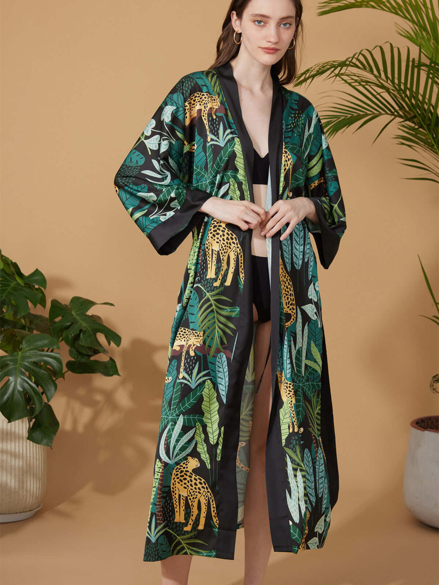 Black & Green Leopard Print Kimono Robe | Cozy Ladies Robe - Ulivary
