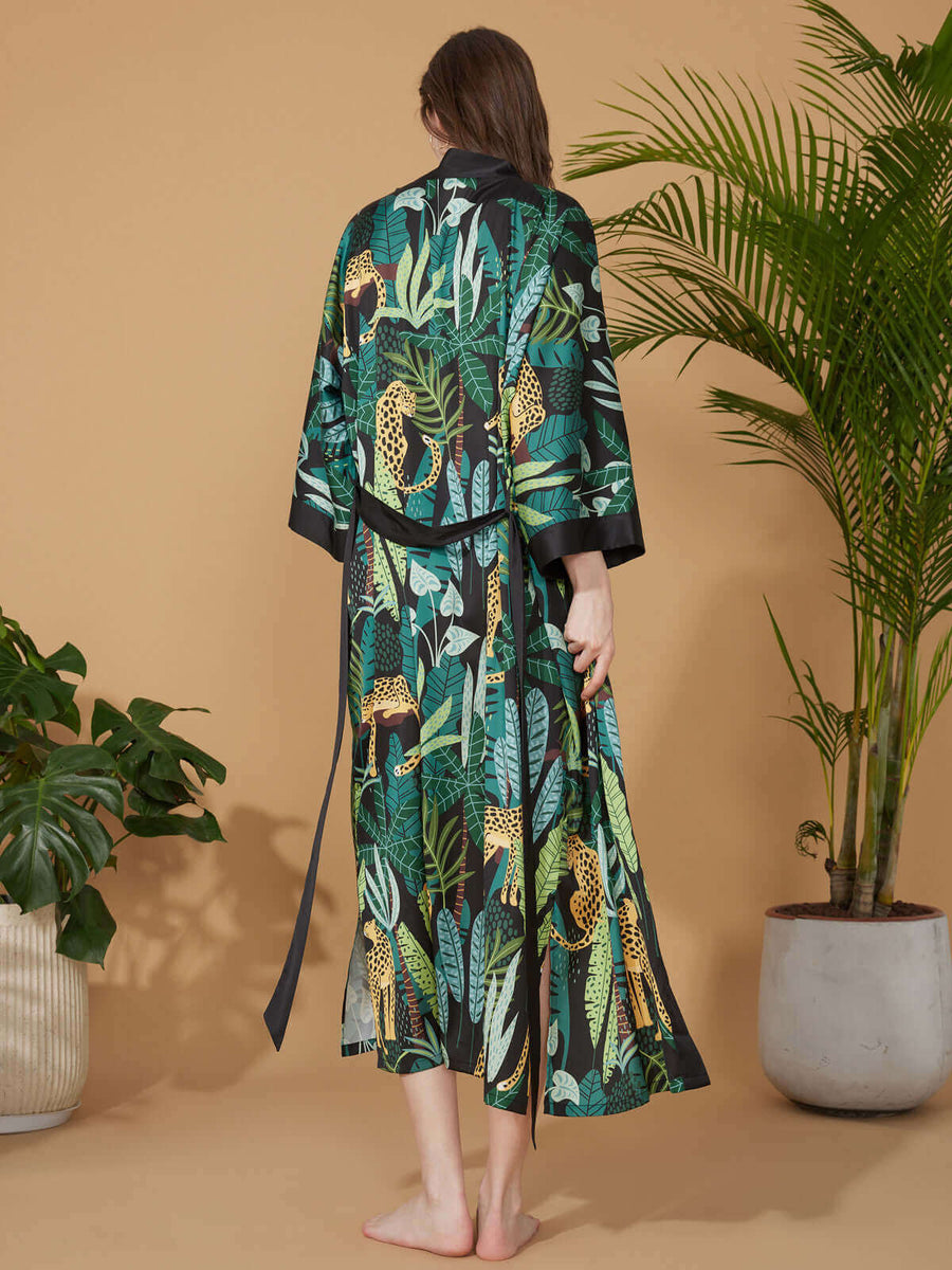 Black & Green Leopard Print Kimono Robe | Cozy Ladies Robe - Ulivary