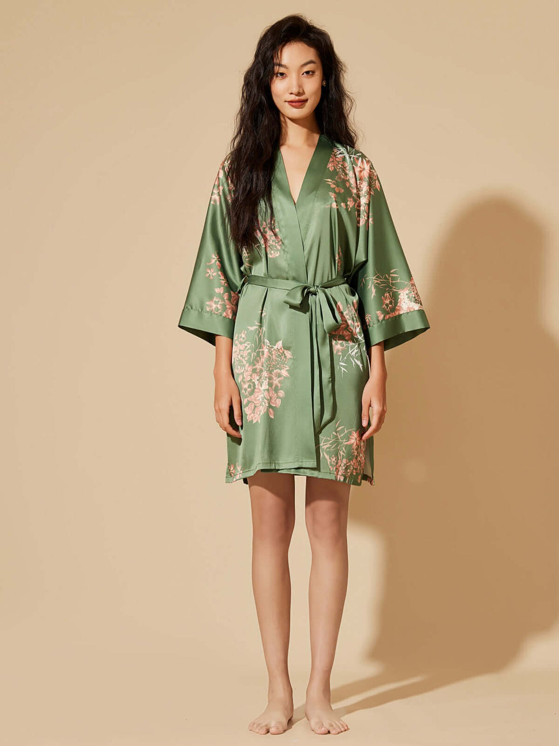 Green Summer Bathrobe Women | Olive Bamboo Floral Silk Night Gown - Ulivary