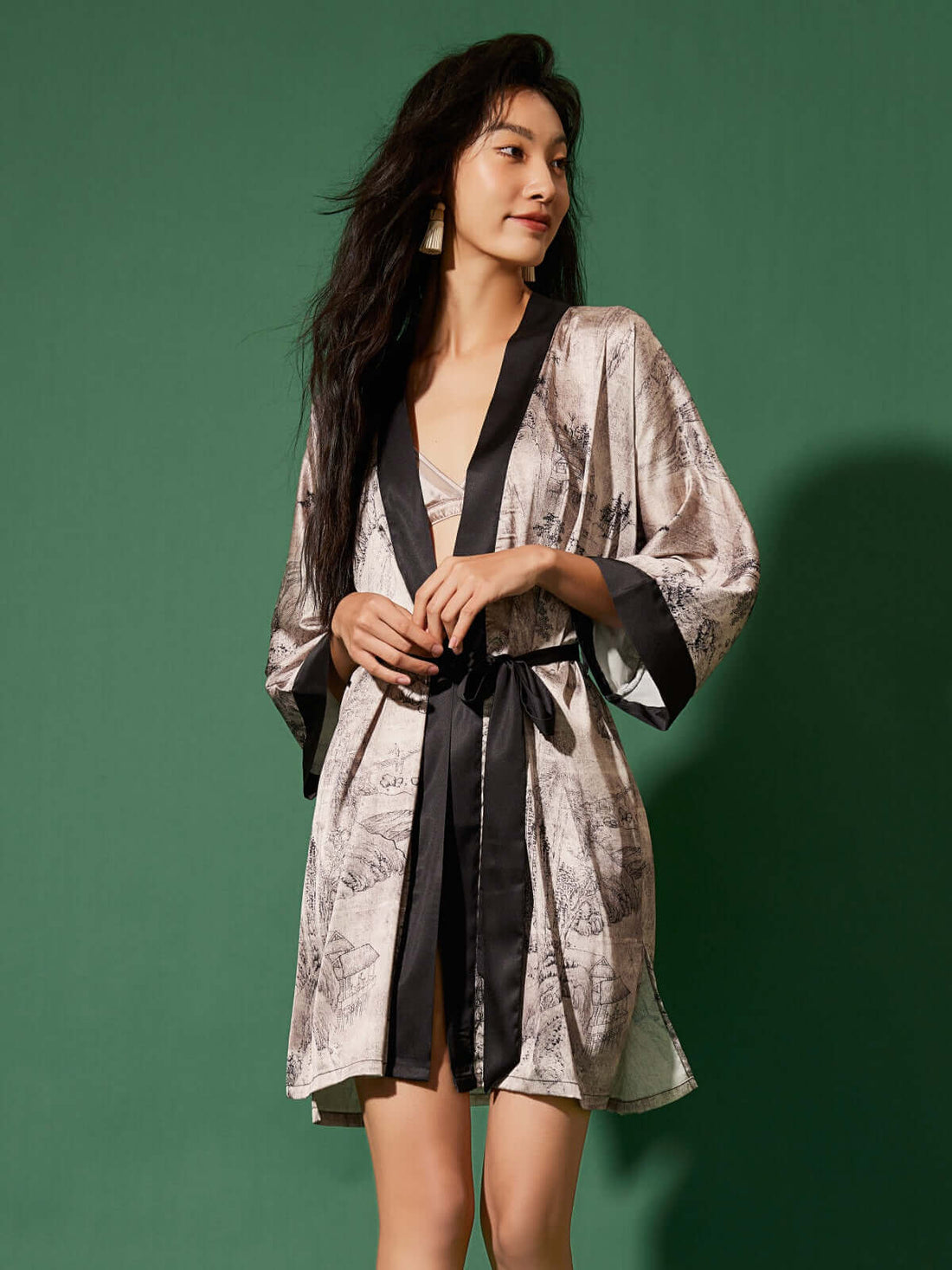 Robe Ink Gray Oriental Ink Printed Silk Shower Robe | Cozy Luxury Morning Robe ...