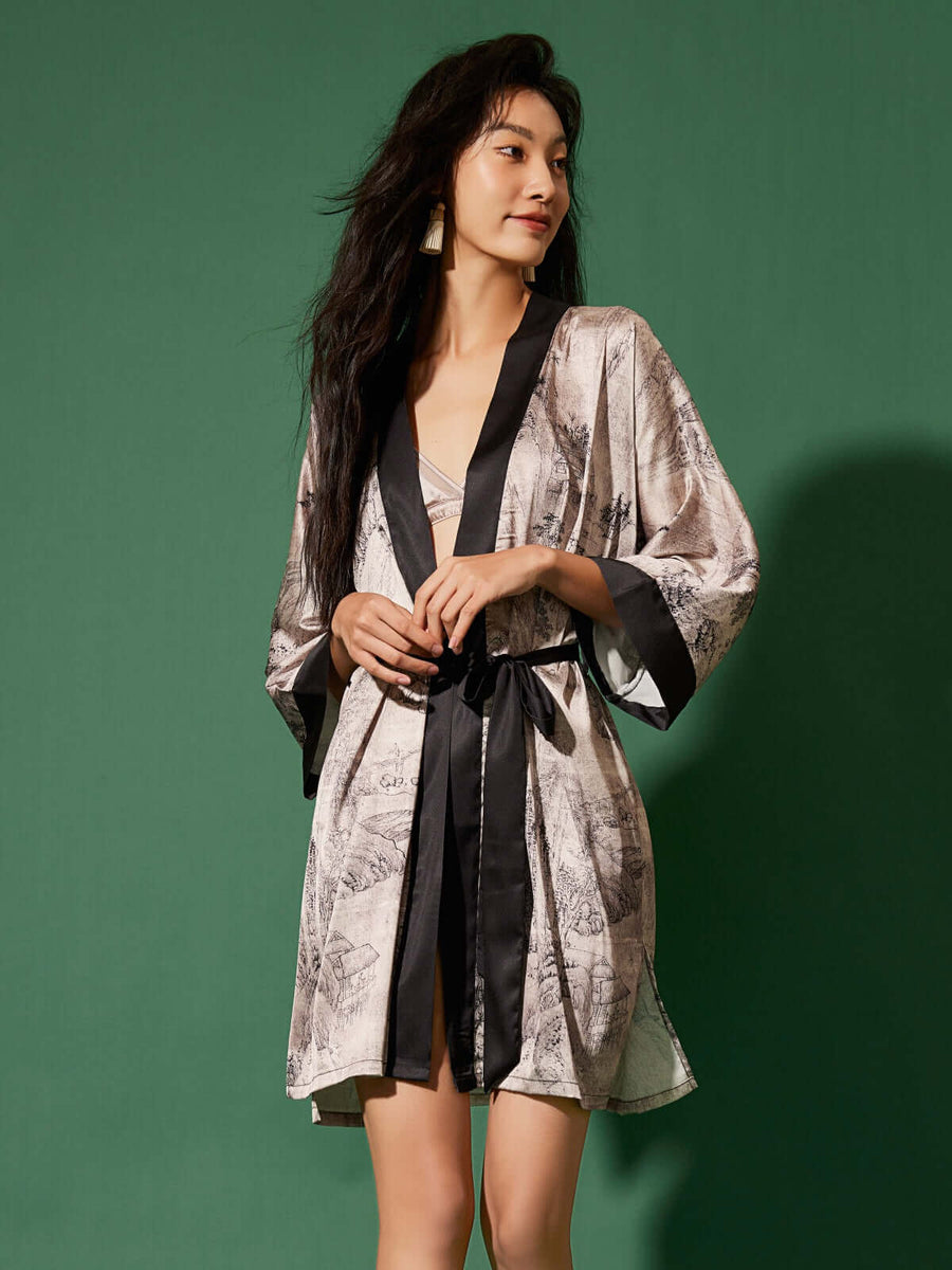 Ordinary Time Robe Gray Oriental Ink Printed Silk Shower Robe | Cozy Luxury Morning Robe ...