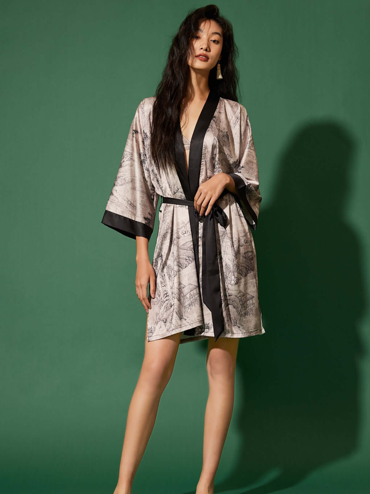 Gray Oriental Ink Printed Silk Shower Robe | Cozy Luxury Morning Robe ...