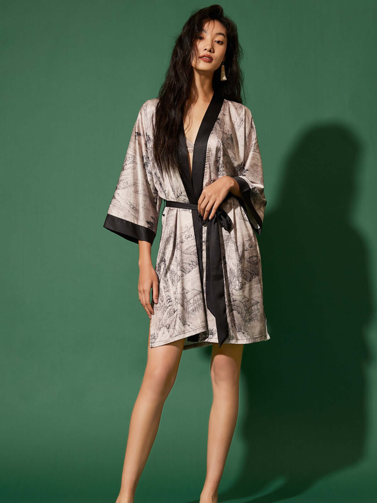 Ordinary Time Robe Gray Oriental Ink Printed Silk Shower Robe | Cozy Luxury Morning Robe ...