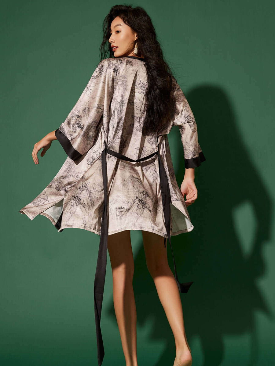 Robe Ink Gray Oriental Ink Printed Silk Shower Robe | Cozy Luxury Morning Robe ...