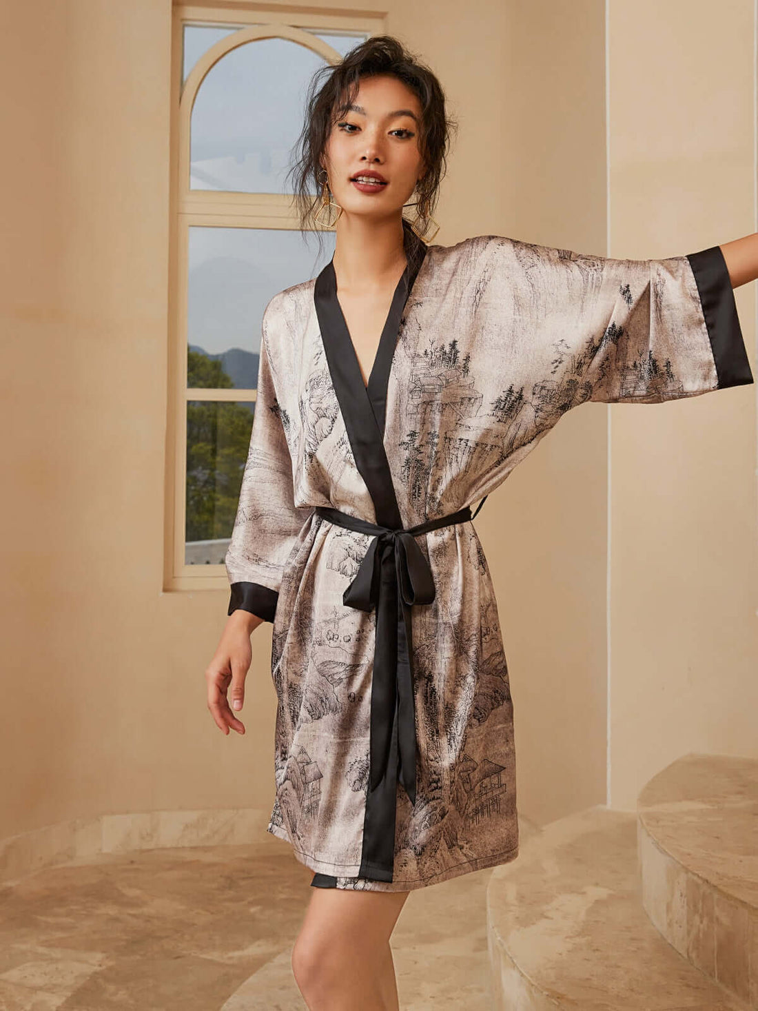 Slick Robe Gray Oriental Ink Printed Silk Shower Robe | Cozy Luxury Morning Robe ...