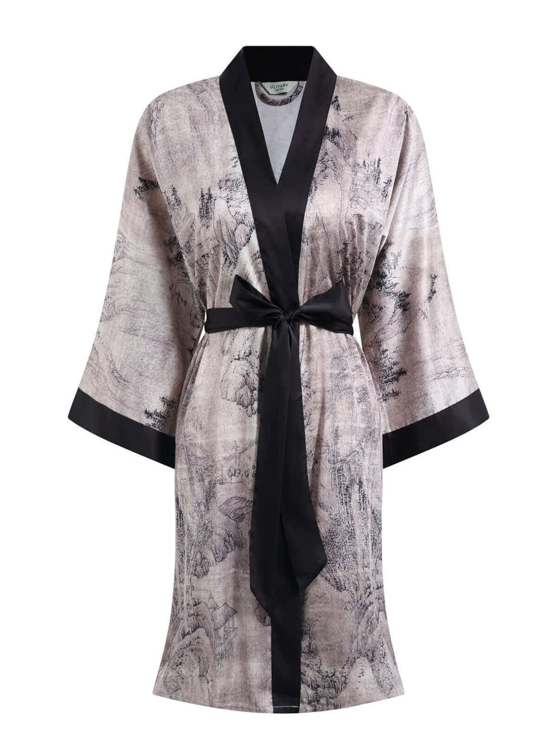 Robe Ink Gray Oriental Ink Printed Silk Shower Robe | Cozy Luxury Morning Robe ...
