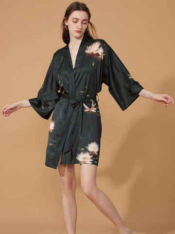 short kimono dressing gown Short Crane And Dragon Print Pure Silk Kimono Robes