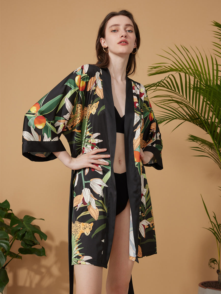 Short Kimono Robe Black Leopard