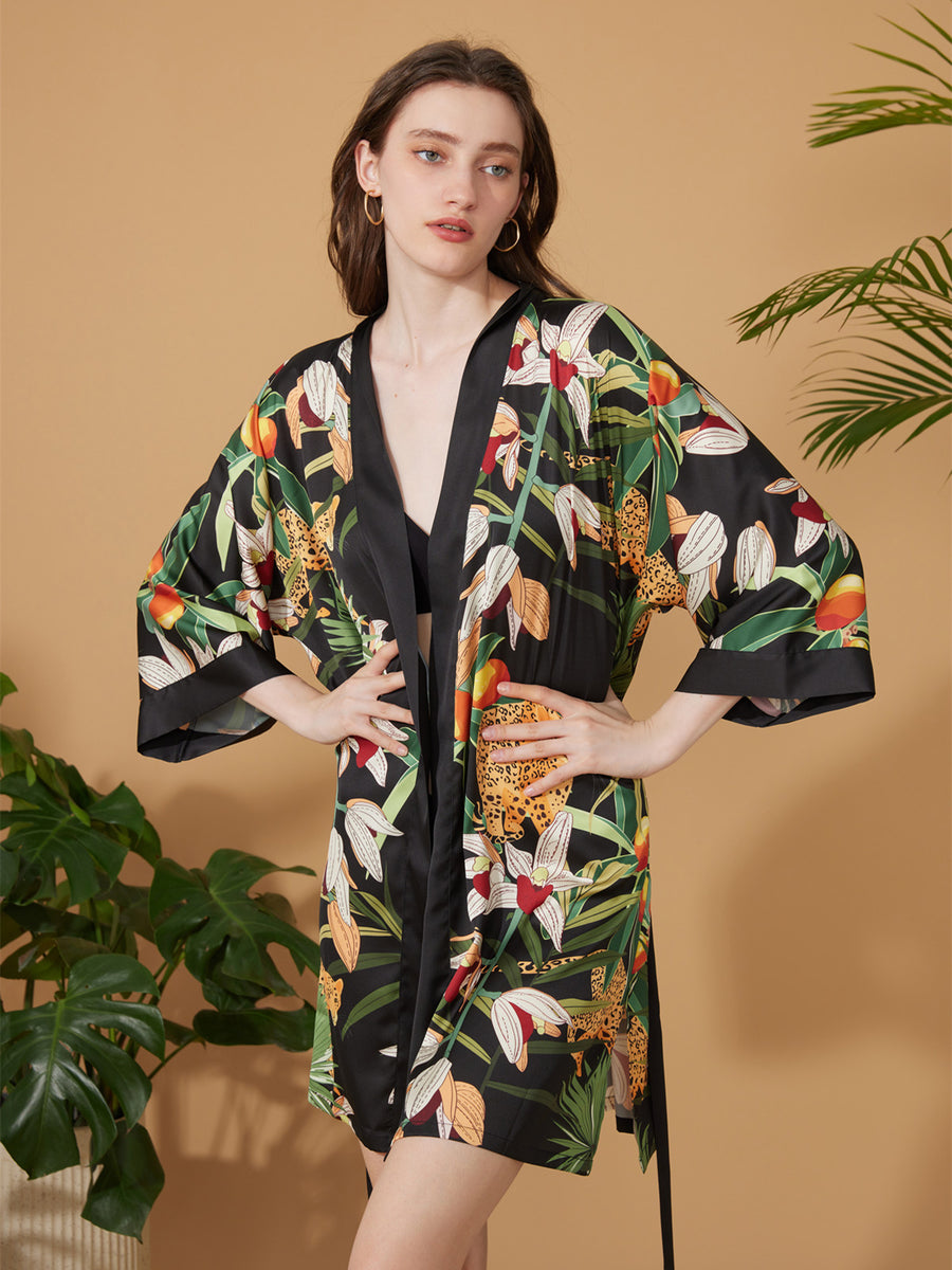 Short Kimono Robe Black Leopard