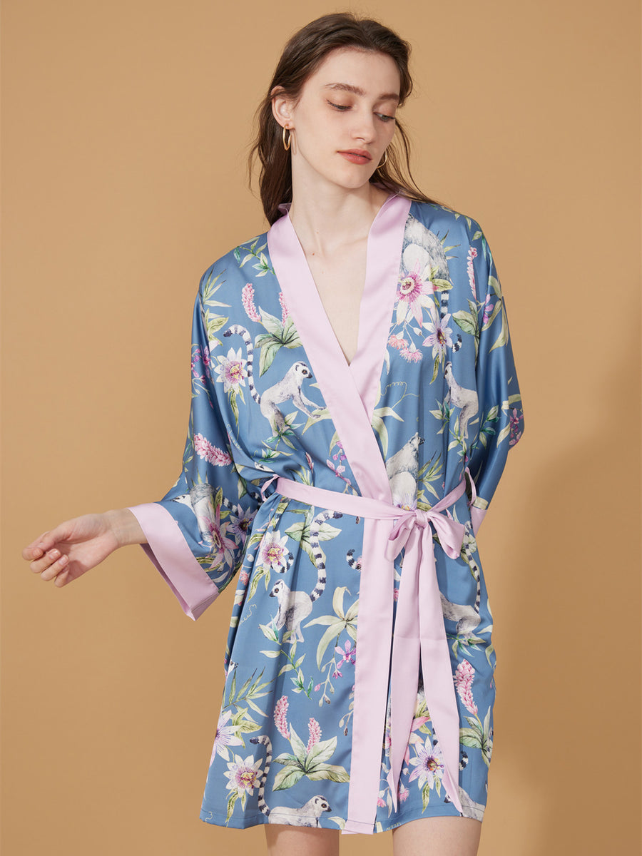 Short Kimono Robe Blue Forest