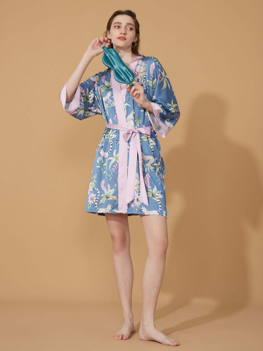 Short Blue Robe Short Silk Kimono Robe Blue Forest | Luxurious Loungewear, silk ...