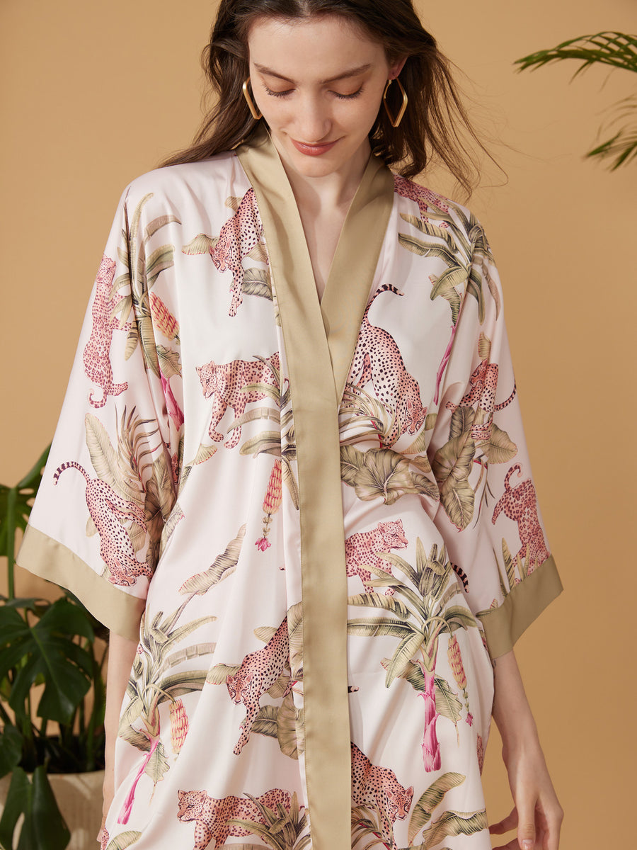 Short Kimono Robe Olive Leopard