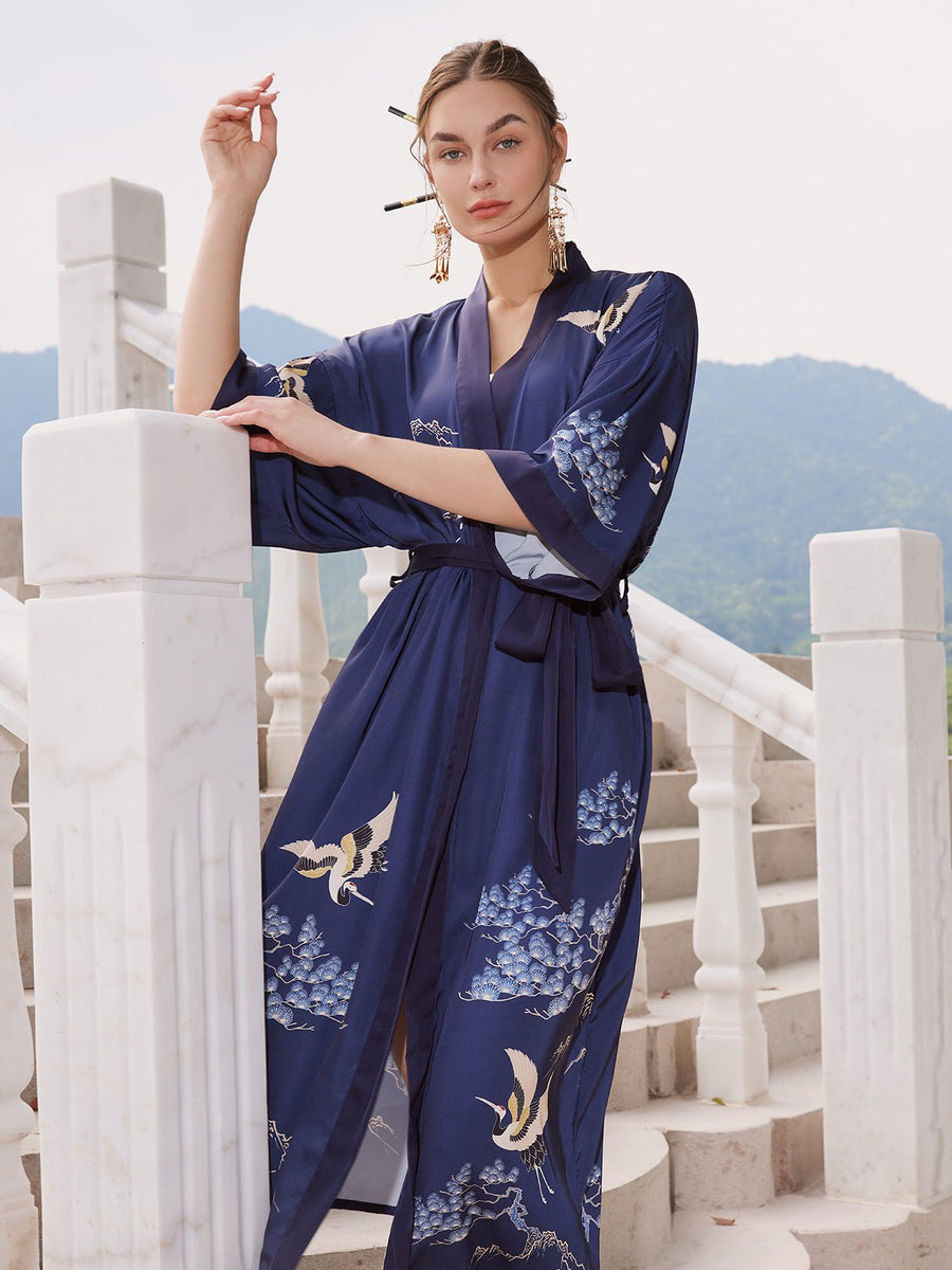 Crane Silk Kimono Robe - ulivary