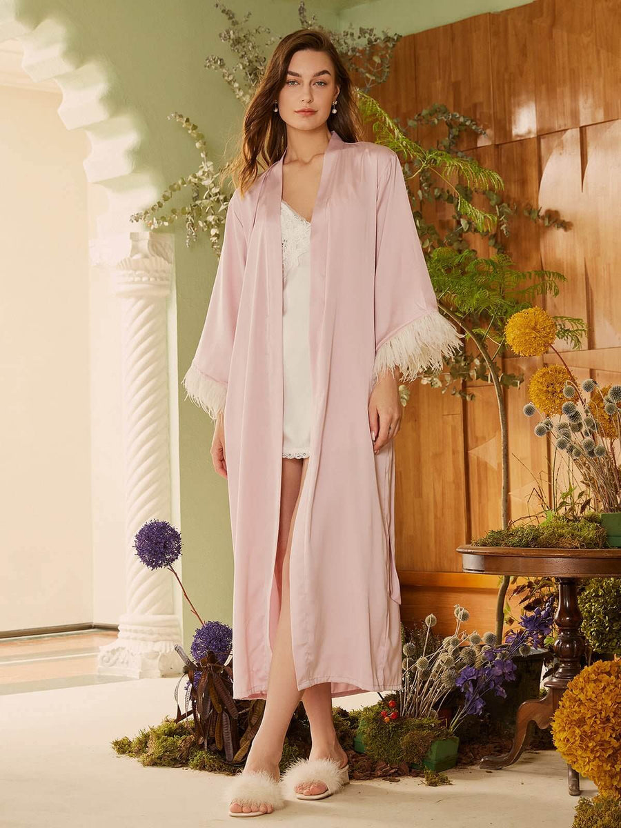 Pink Preppy Robe Feather Trim Pink Robe | Robes For Bridal Party | Summer Robes For ...