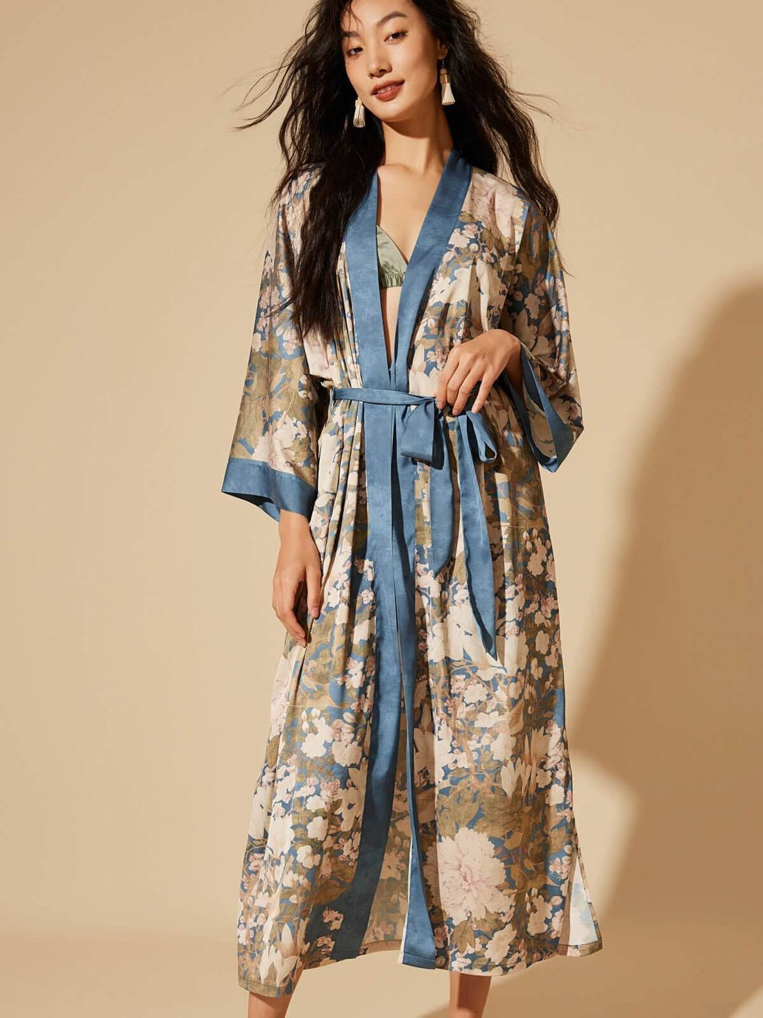 Blue Robe Ladies Floral Olive Night Gown | Best Silk Robe Kimono - Ulivary