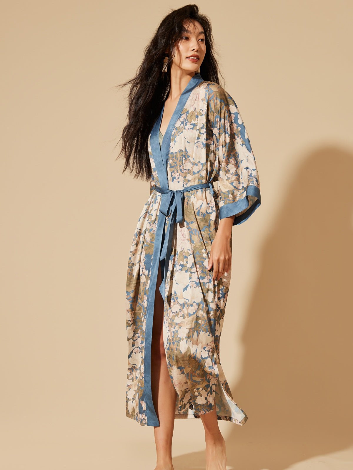 Floral Blue Olive Green Charmeuse Kimono Robe Dressing Gown | Ulivary