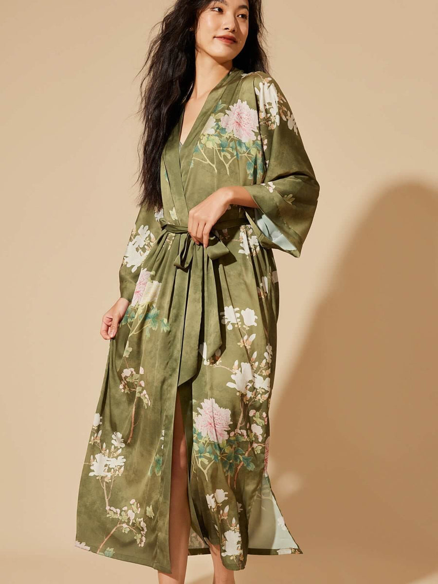 Kimono Dressing Ladies Floral Dressing Gown Women's Full Length Floral Print Silk Kimono Robes Kimono Dressing Ladies Floral Dressing Gown Women's Full Length Floral Print Silk Kimono Robes