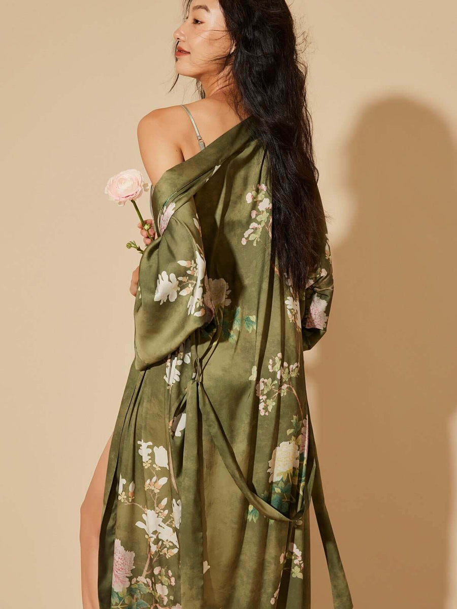 Floral Olive Green Charmeuse Kimono Robe Dressing Gown - Ulivary