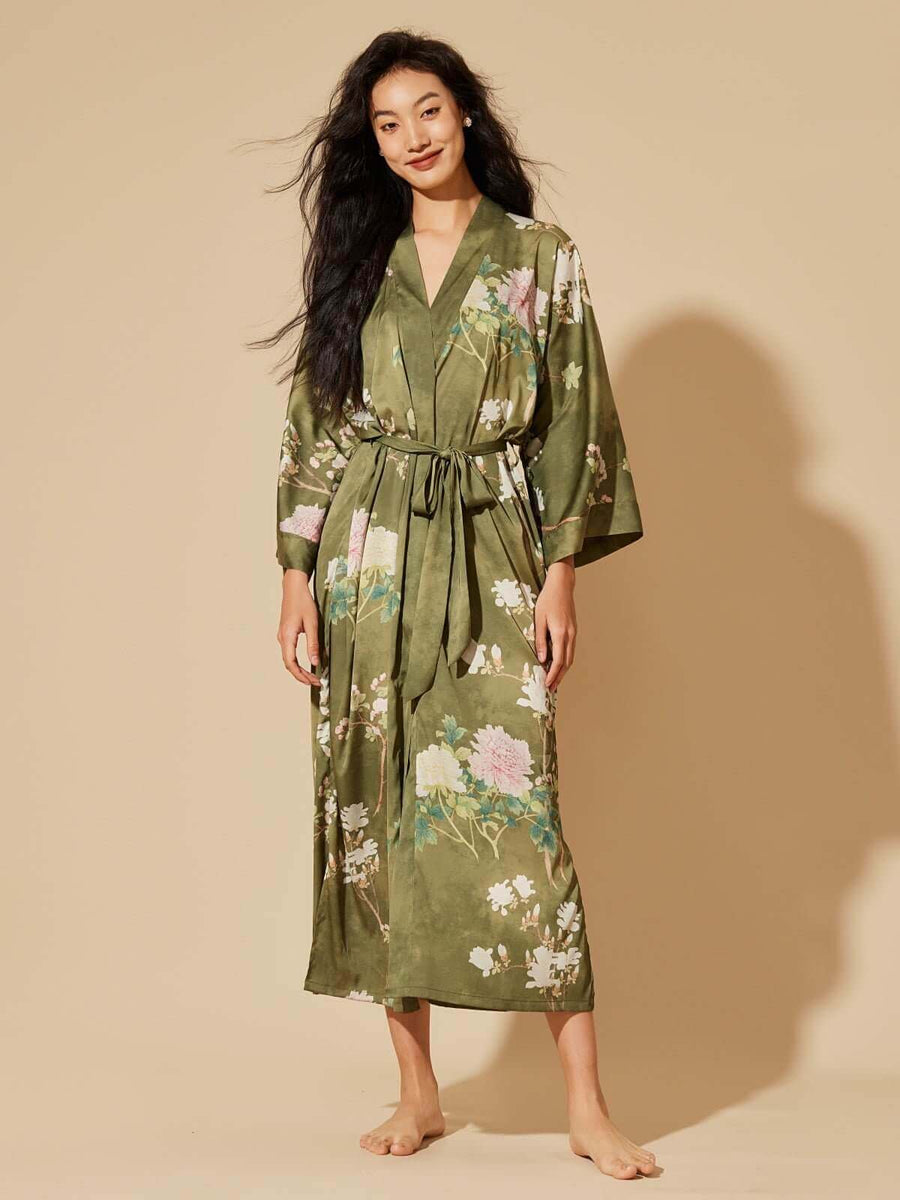 Floral Olive Green Charmeuse Kimono Robe Dressing Gown | Ulivary