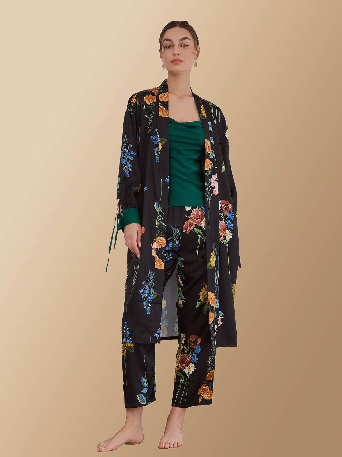 Vintage Floral Printed Pajama Set 3Pcs with Luxury Long Robe - Ulivary Vintage Floral Printed Pajama Set 3Pcs with Luxury Long Robe - Ulivary