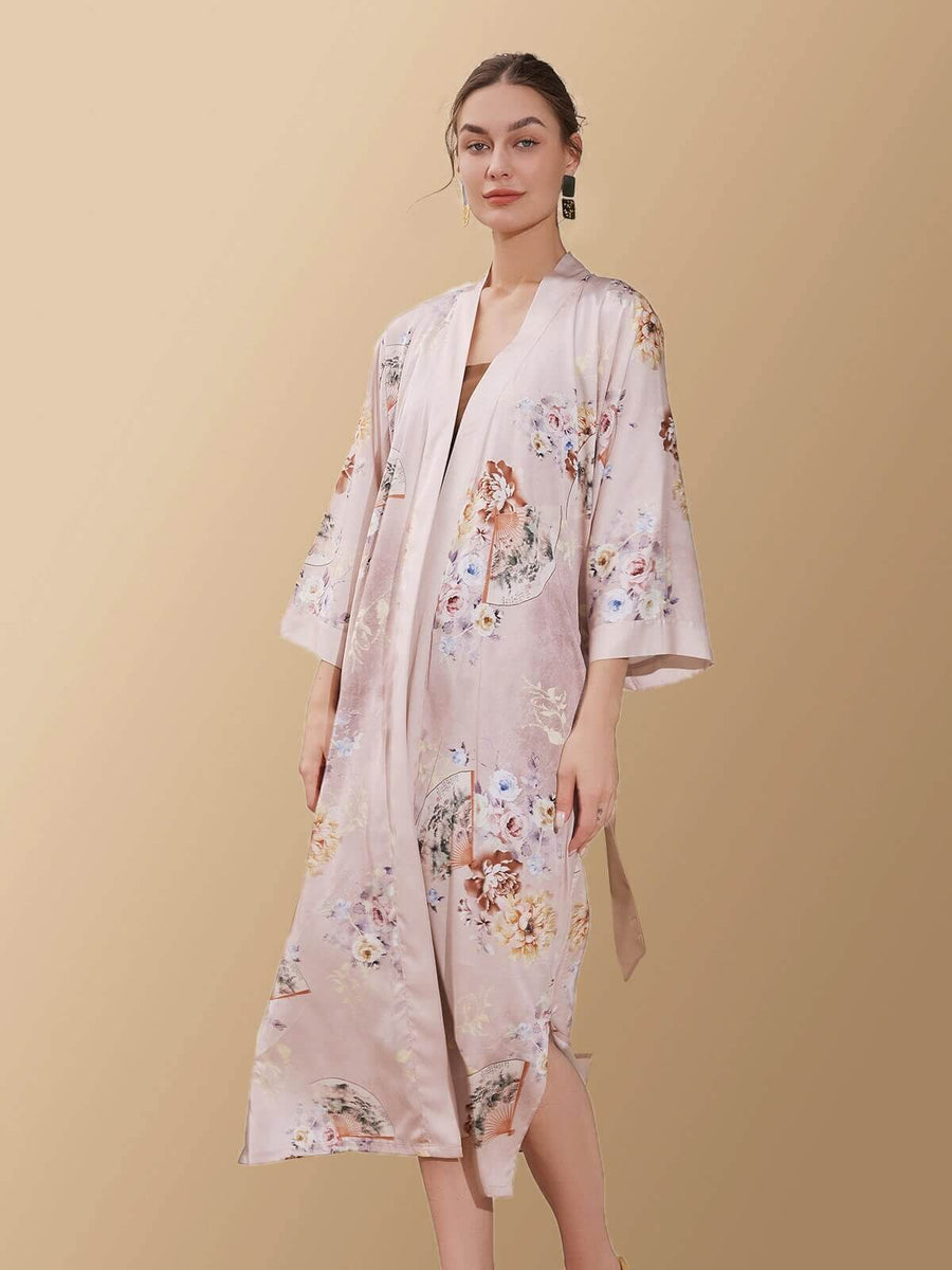 Luxury Floral Robe Kimono | Blush Floral Dressing Gown - Ulivary