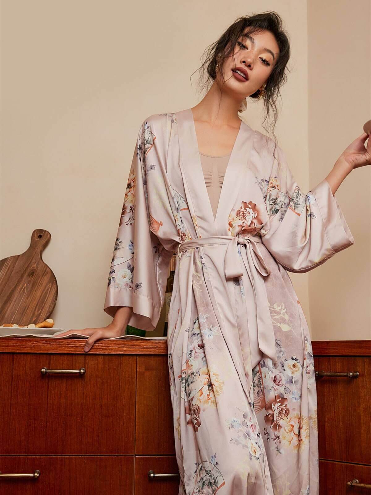 Luxury Floral Robe Kimono | Blush Floral Dressing Gown - Ulivary