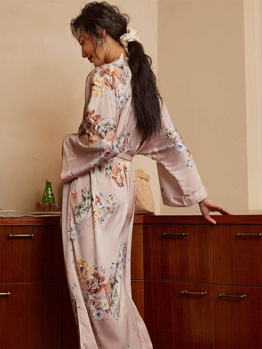 Luxury Floral Robe Kimono | Blush Floral Dressing Gown - Ulivary