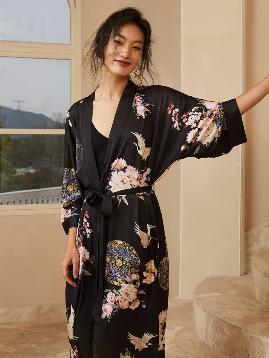 Garden Black Kimono Robe - ulivary
