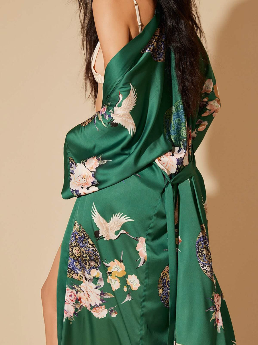 green kimono dressing gown BABEYOND Plus-Size Floral Satin Kimono Robe, Robe, Olive Green,