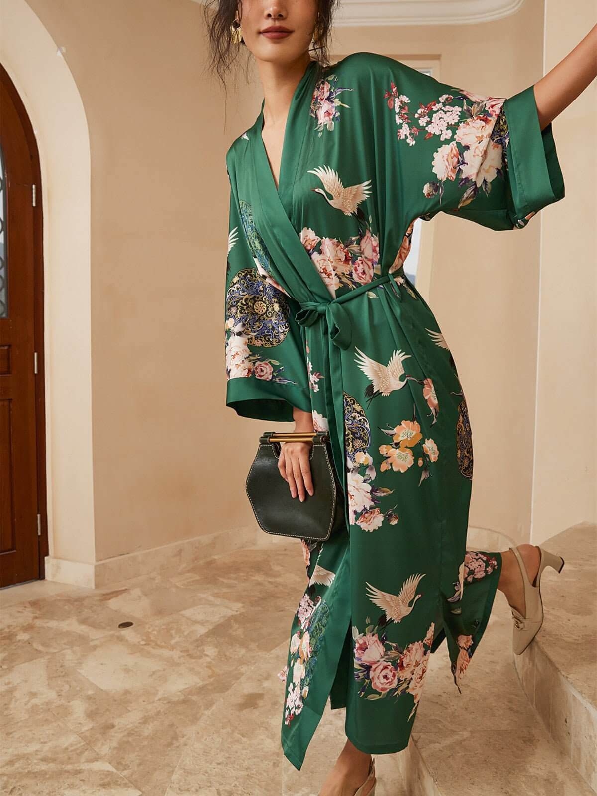 Gere Robe Green Floral Robe Kimono | Luxury Female Dressing Gown - Ulivary