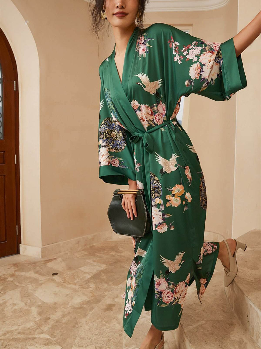 Green Floral Robe Kimono | Luxury Female Dressing Gown - Ulivary Green Floral Robe Kimono | Luxury Female Dressing Gown - Ulivary