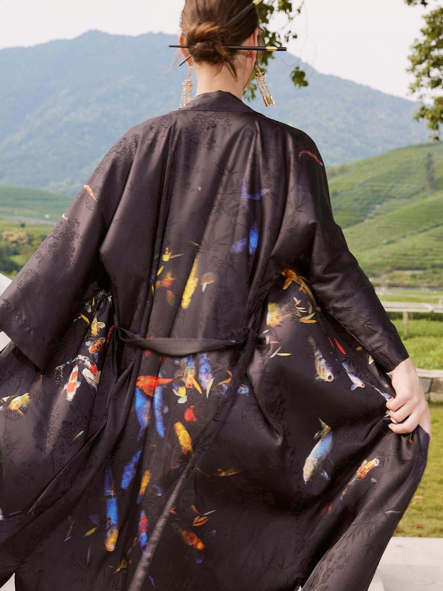 Koi Fish Jacquard Silk Kimono Robe - ulivary
