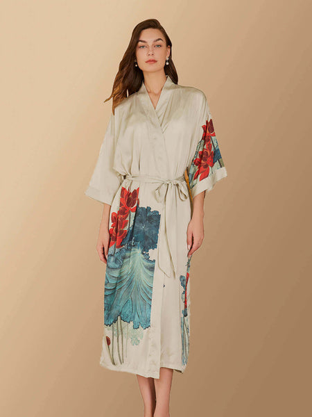 Oriental Lotus Charmeuse Kimono Robe Women Dressing Gown Ulivary
