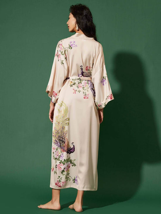 Beige Dressing Gown | Luxurious Dressing Robe | Peacock Kimono - Ulivary