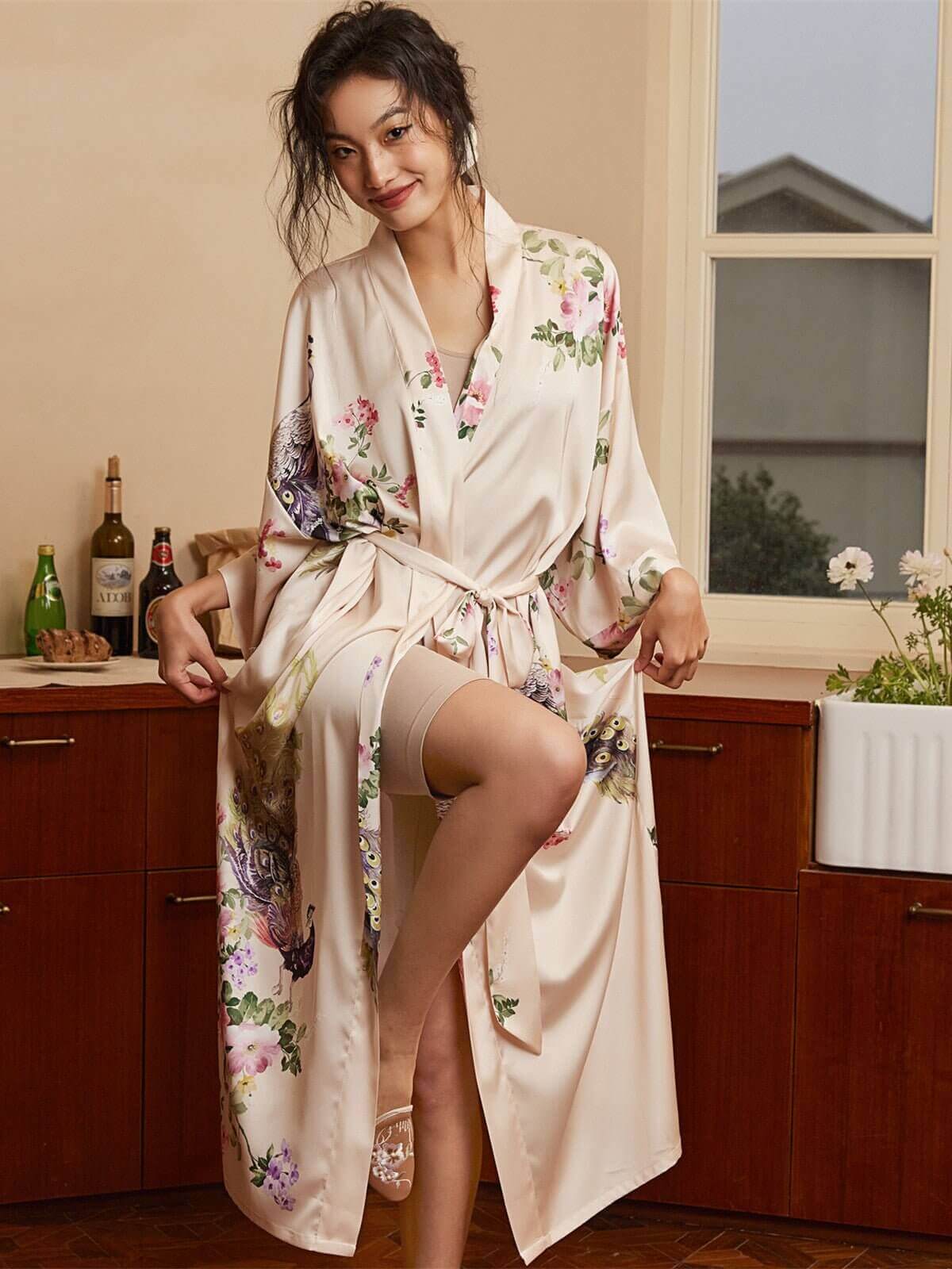 Kimono De Nuit Femme Black Sugar - Tunique Longue Motif Paon - Robe De Chambre Légère - Noir