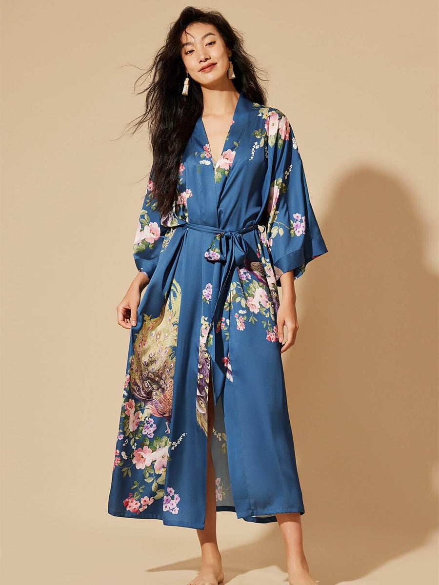 Blue Luxurious Dressing Gown | Peacock Silky Kimono Robe - Ulivary