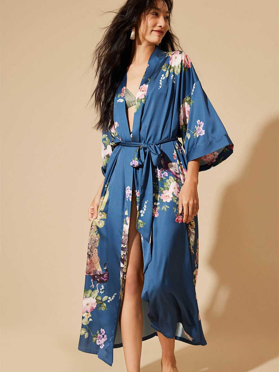 Blue Luxurious Dressing Gown | Peacock Silky Kimono Robe - Ulivary