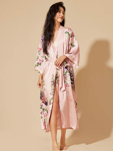 Pink Peacock Kimono Wedding Party Robe SPA Bathrobe Ulivary