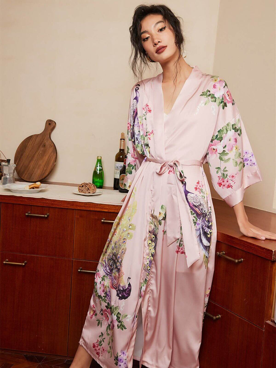 Pink Peacock Kimono | Wedding Party Robe | SPA Bathrobe - Ulivary