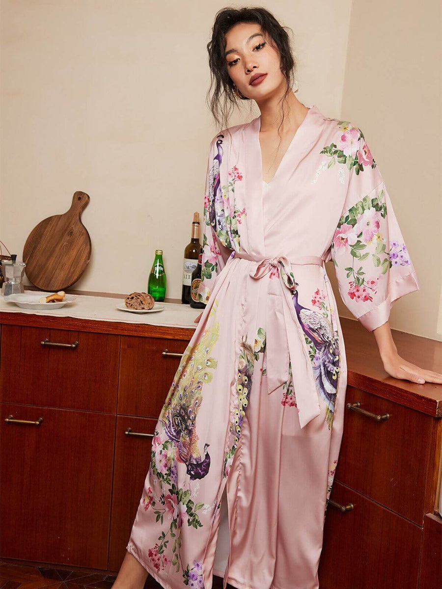 Pink Robe Coffee Pink Peacock Kimono | Wedding Party Robe | SPA Bathrobe - Ulivary