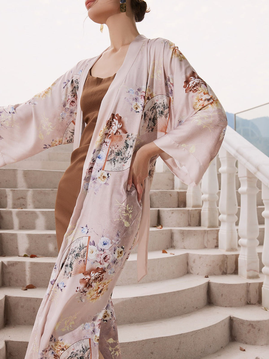 Peony & Fan Silk Kimono Robe - ulivary