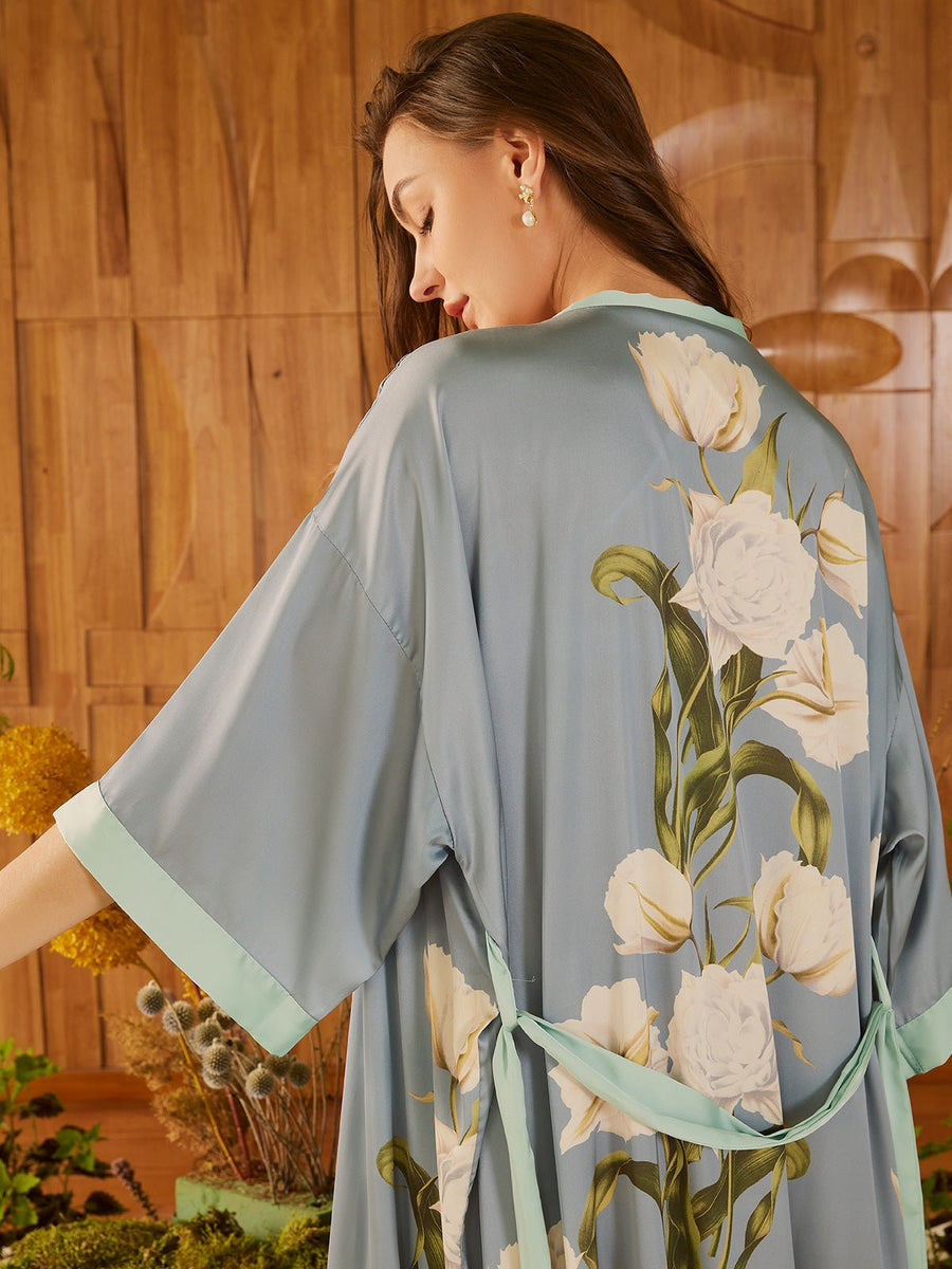 Peony Flowers Silk Kimono Robe - ulivary