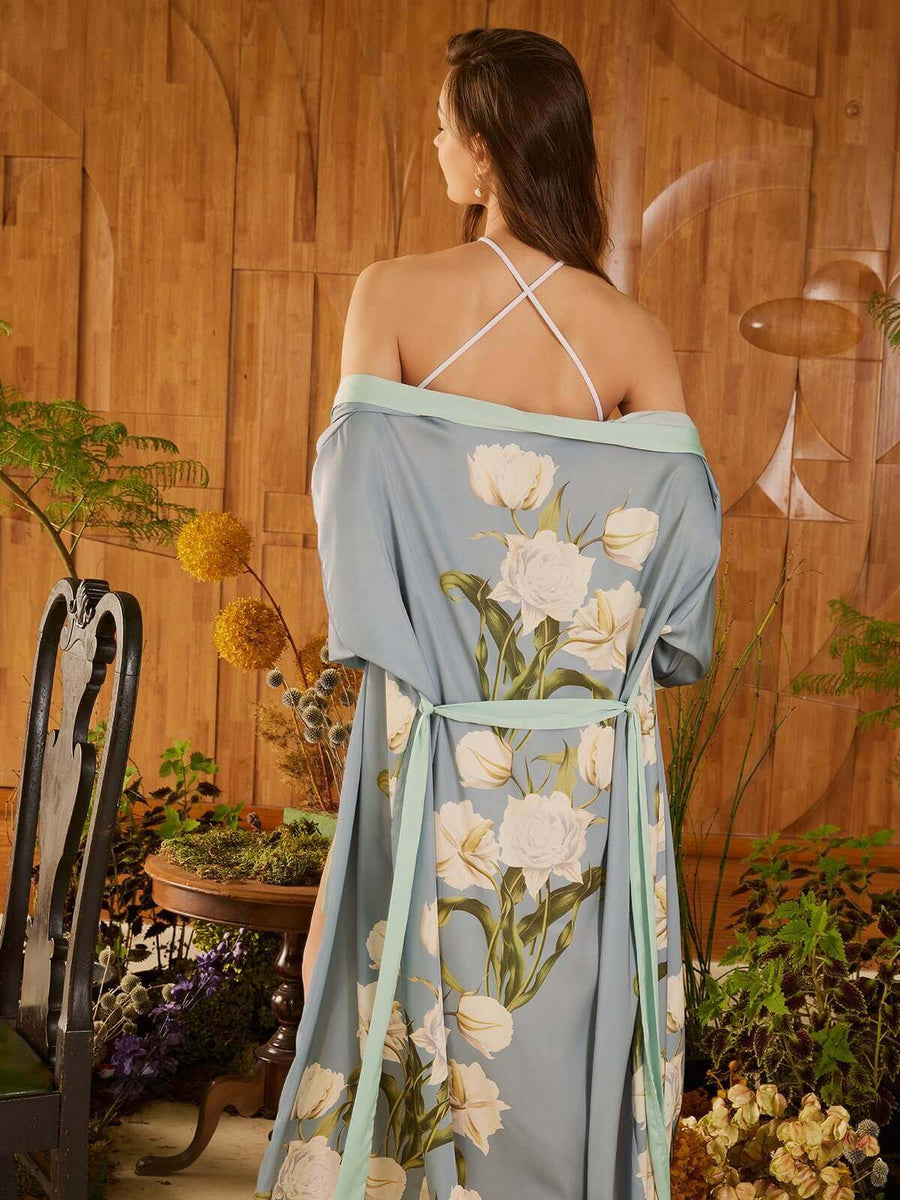 best luxury silk dressing gowns Luxurious Silk Robe for Women, Cambridge Blue/Ivory