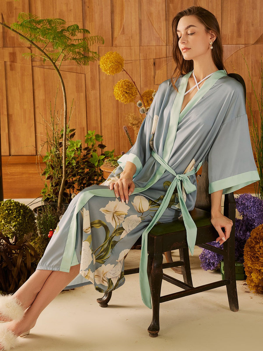 Peony Flowers Silk Kimono Robe - ulivary