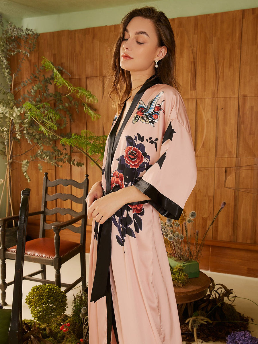 Pink Rose Silk Kimono Robe - ulivary