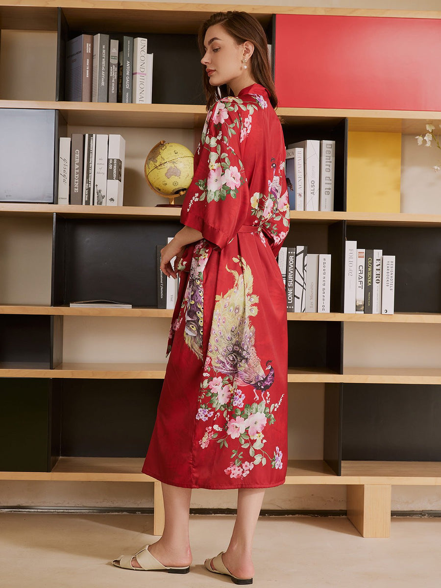 Red Peacock Silk Kimono Robe - ulivary