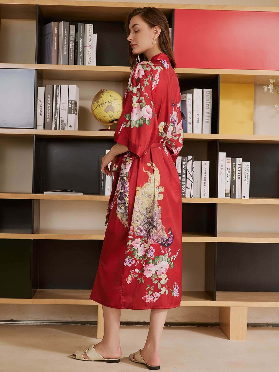 Women's Long Silk Robe Womens Bathrobes Floral Prints Peacock Red Washable Silk One Size Fits From S to 2XL First Mothers Gift Christmas Gift | Women's Long Silk Robe Womens Bathrobes Floral Prints Peacock Red Washable Silk One Size Fits From S to 2XL First Mothers Gift Christmas Gift |