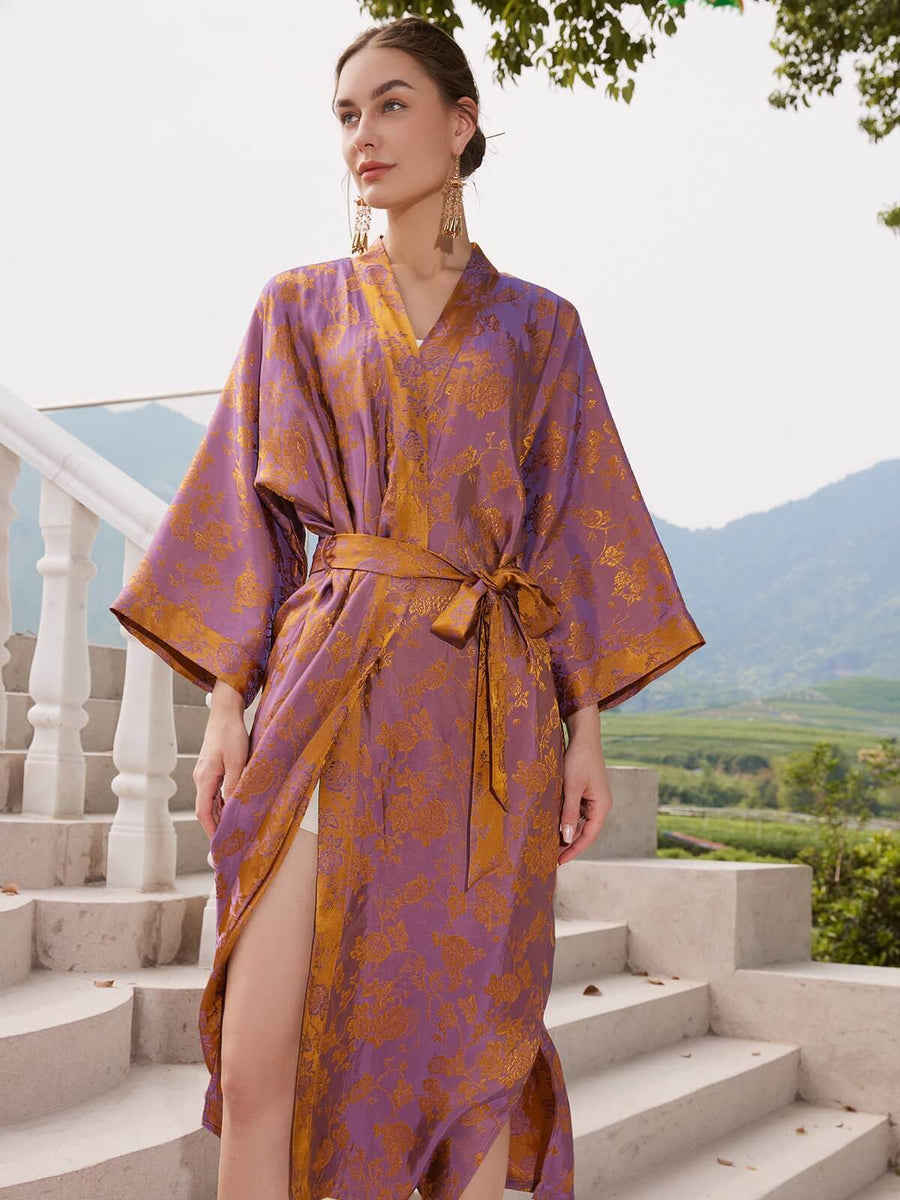 Reversible Satin Robe Purple Floral Kimono Robe | Best Bath Robes | Bride Dressing Gown - Ulivary