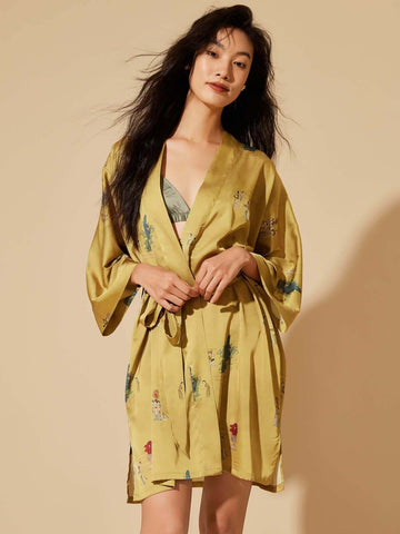 short silk dressing gown SilkSilky 100% Mulberry Silk Short Women's Kimono Robe with Wrap Design, Black / XL
