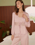 Silk & Lace Pajama Set 3 Pcs Pink - ulivary